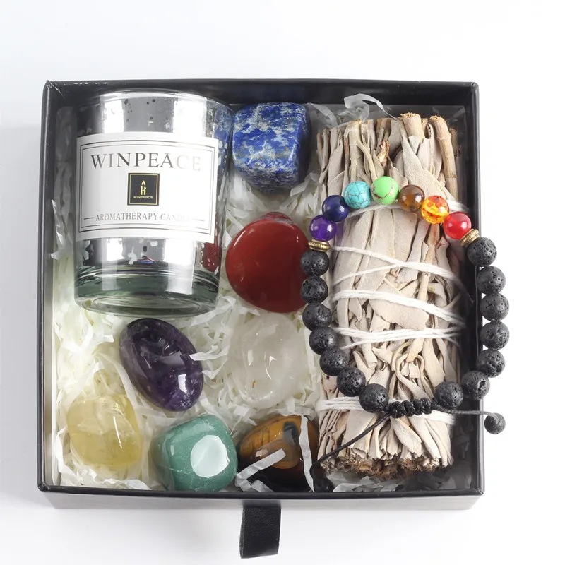 Wholesale natural reiki stone quartz healing crystal 7 chakra stone Set tumble stone sage bracelet scented candle jar gift box