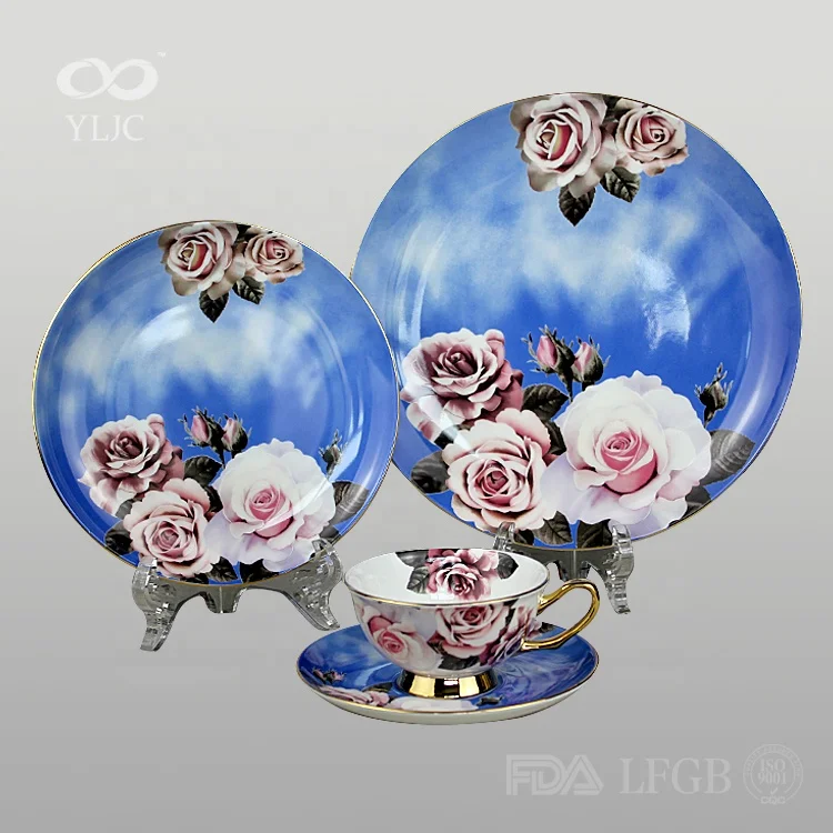 fancy 4 pcs wholesale new design blue decal making luxury dinnerware sets blue white  porcelain dinner set