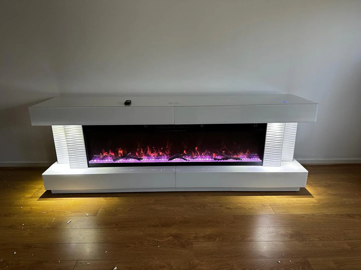 Modern US style white mirrored TV stand with electric fireplace heater Bluetooth speakers mirrored TV stand