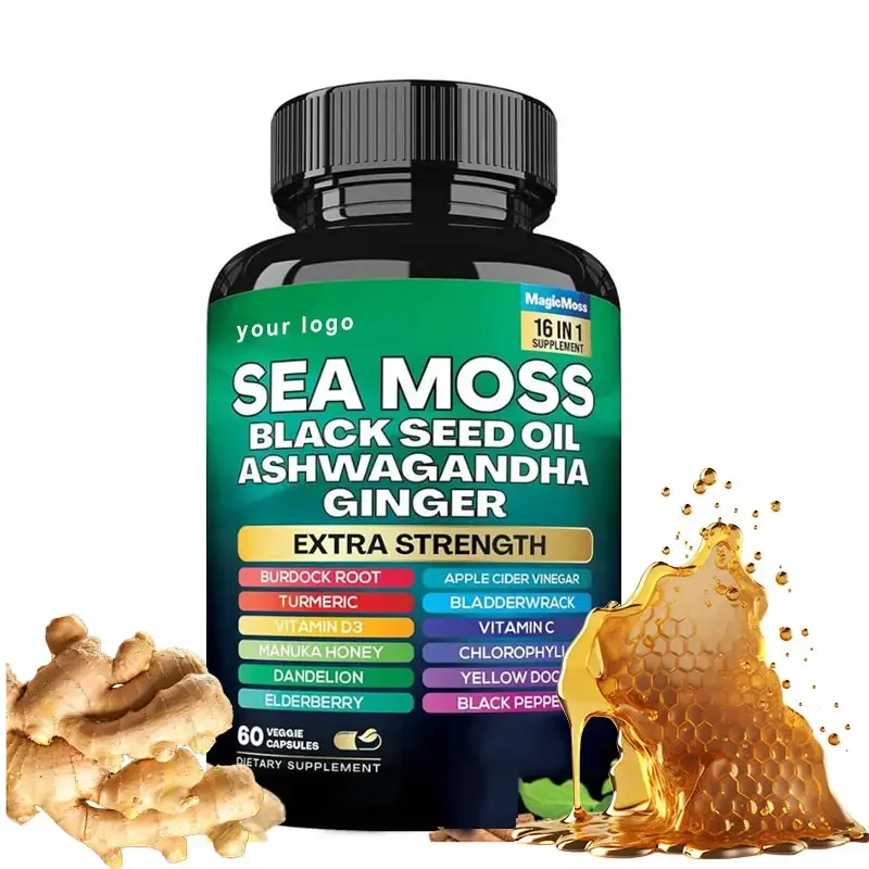Your Logo Sea Moss Capsules Black seed oil Ashwagandha Turmeric Burdock root Bladderwrack Pure And Natural Vegetarian Capsules