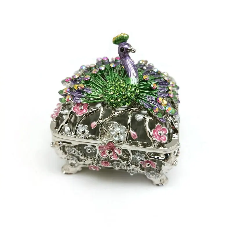 Hand Painted Enameled Ring Holder Peacock Trinket Box Wedding Favor Return Gift Box