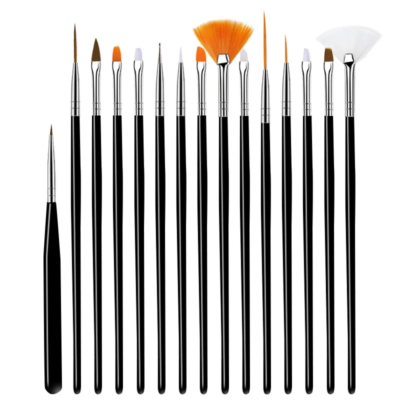 Nail Supplies Wholesale Beauty Nail Tool Plastic Handle Nylon Hair Liner Paint Drawing Pen 15pcs Nail Art Brush Set