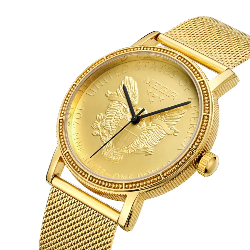 MEGIR 2032 USA badge Wristwatch Luxury Golden Bald Eagle Quartz Watch for Men