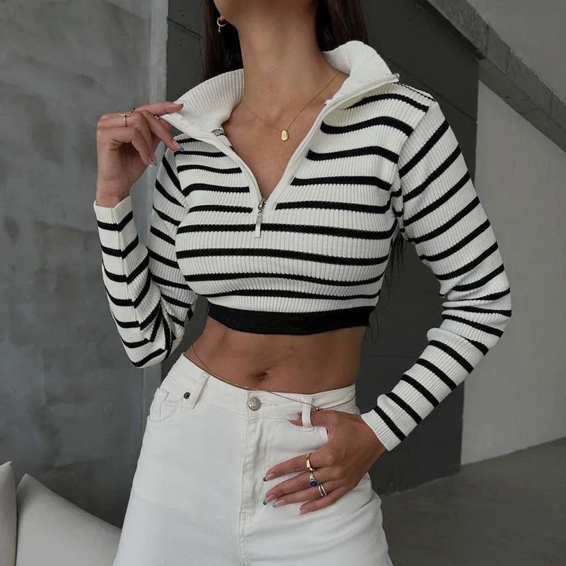 Women Knitted Sweaters Striped Jumper Fall Winter 2023 Long Sleeve Pullover Casual Half Zipper Turn Down Collar Knit Streetwear