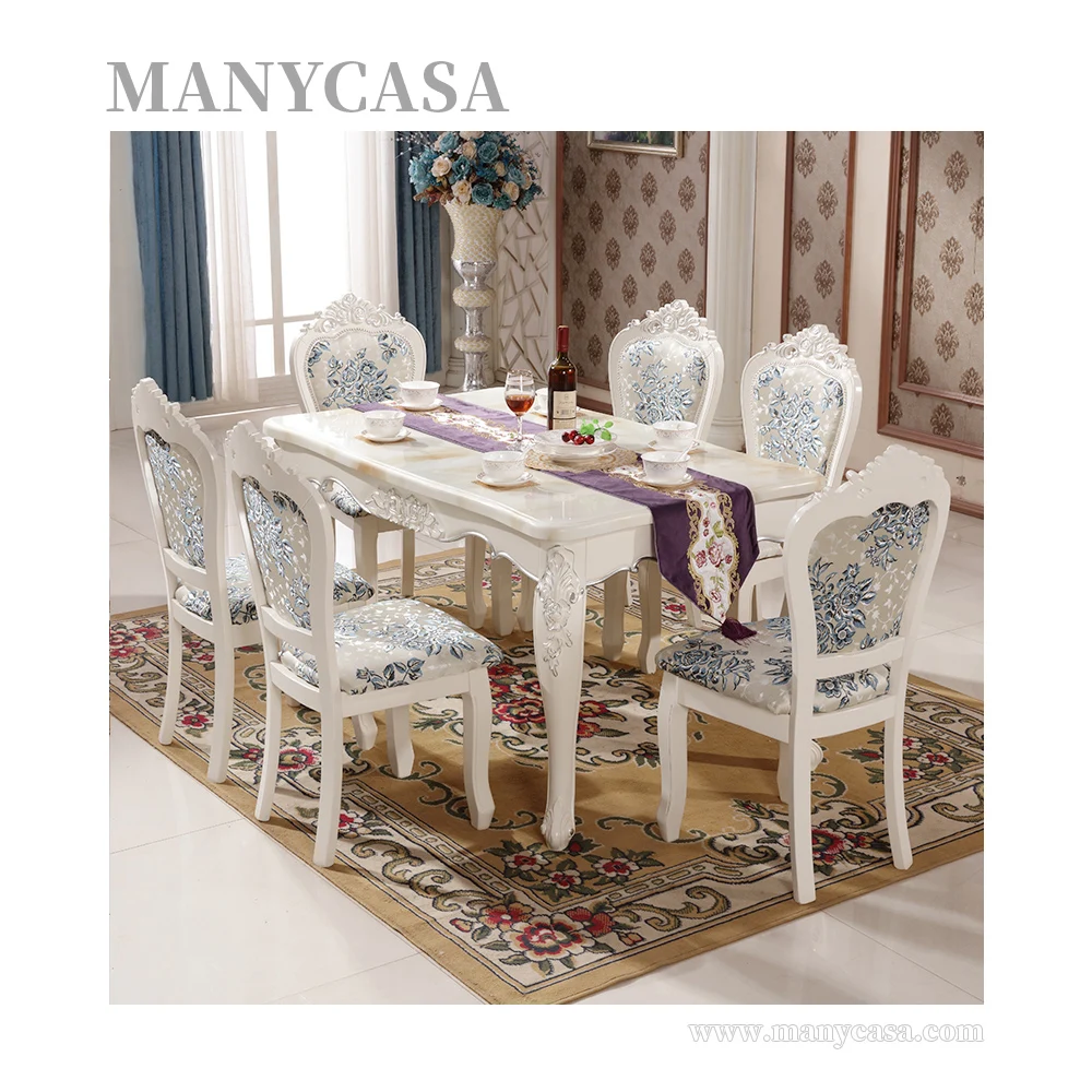 Popular Luxury Furniture Marble Top Rectangle Table Set Group Solid Wood Dining Table Set