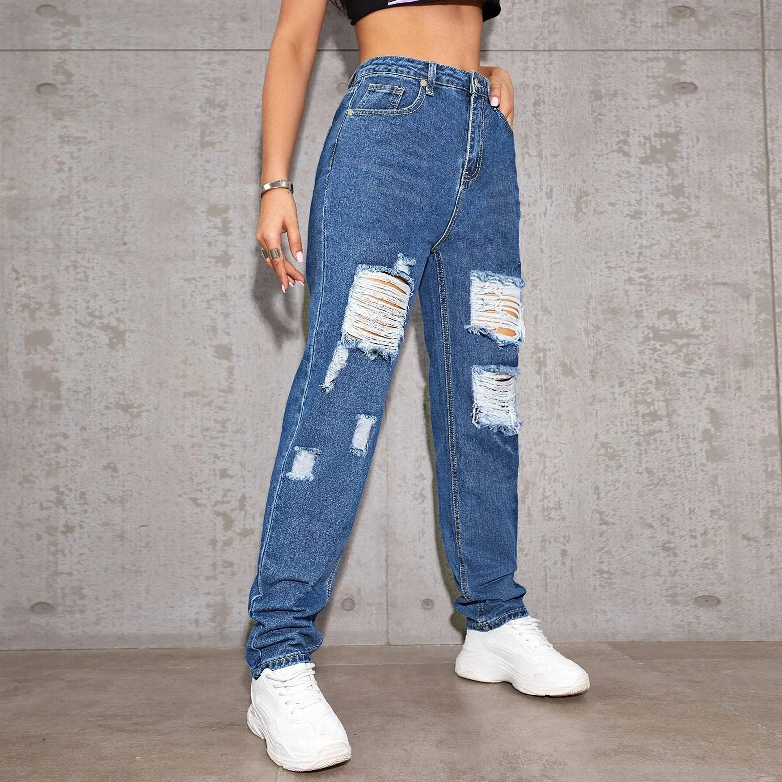 SKYKINGDOM women baggy destroyed jeans high west jeans woman clothes straight ripped ladies jeans pants