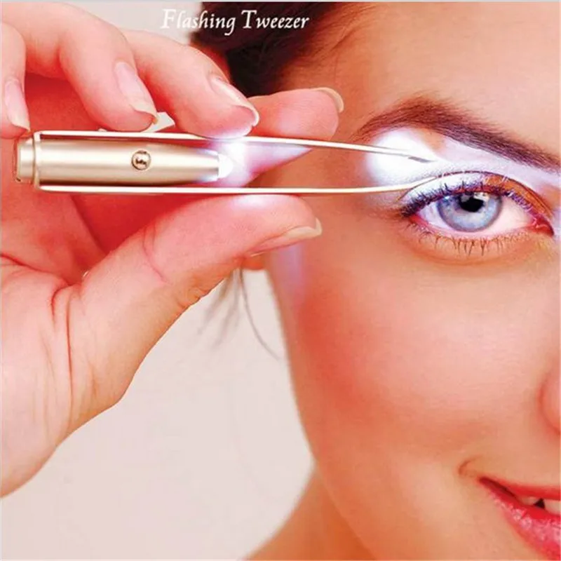 LED light eyebrow clip professional eyebrow tweezers beauty oblique stainless steel tweezers eyelash makeup tool send battery