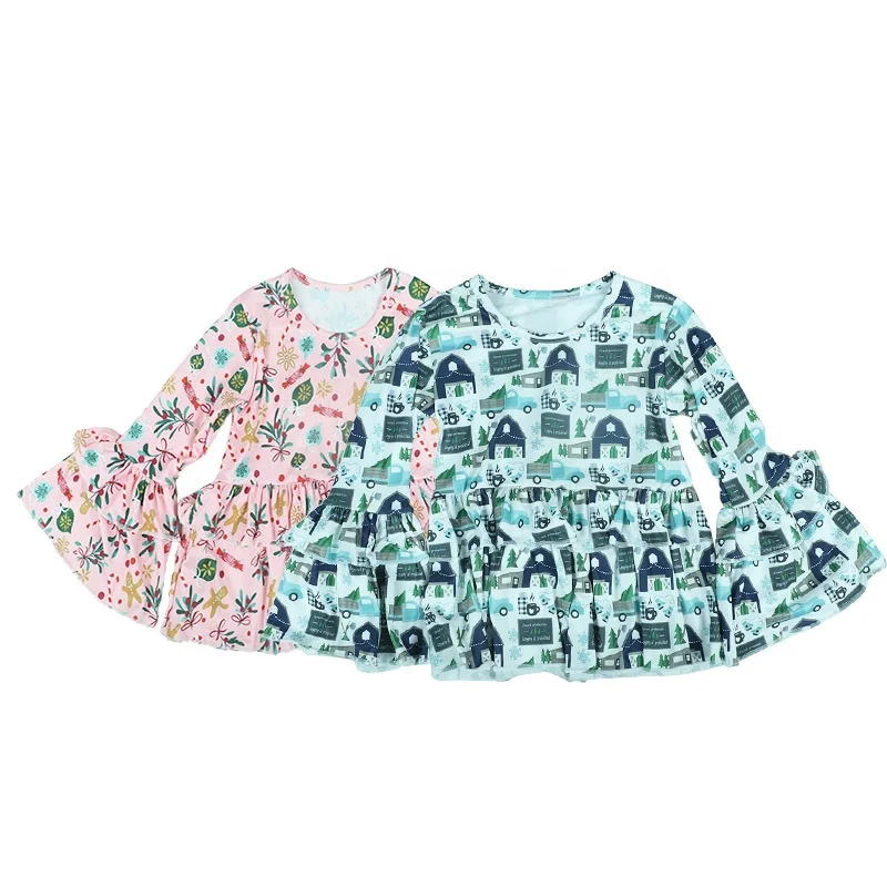 girls tops fashion sweat shirts long-sleeved double ruffle tops floral print customize milk silk girls flare sleeve t shirts