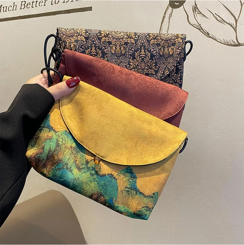 Chinese Brocade Silky Phone Purse Crossbody Mini Bag Envelope Clutch