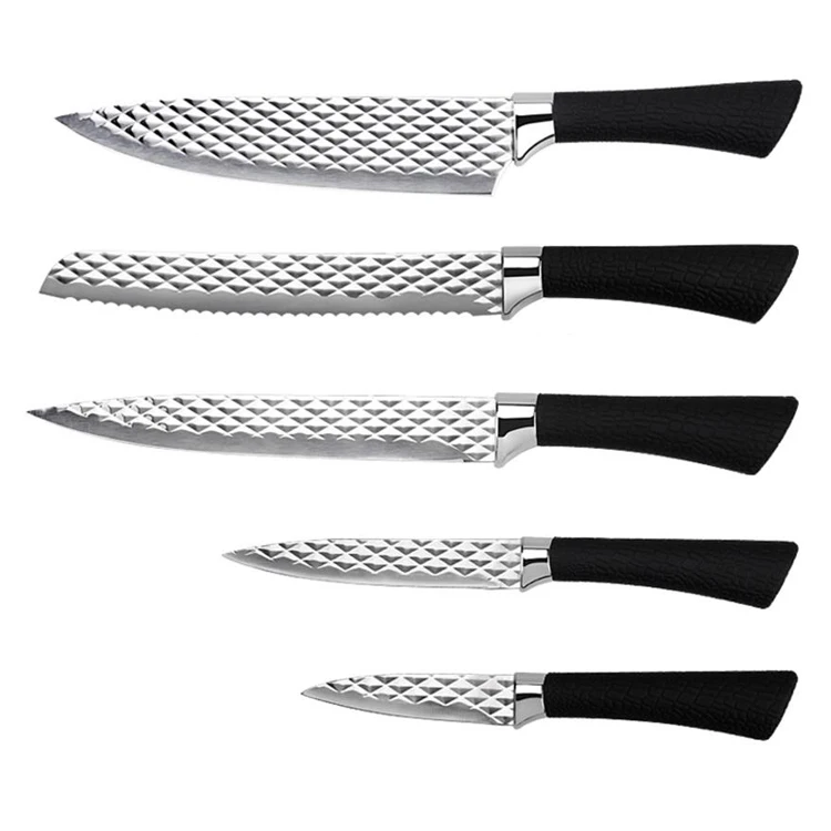 2024 New Design Promotional Gift Diamond Pattern Gold Titanium Embossing Blade Stainless Steel Kitchen Knife Set With Gift Box