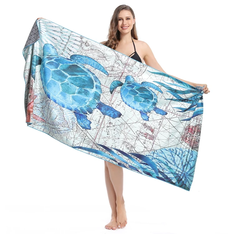 Custom microfiber sublimated digital printed sports tortoise oversized sand free beach towel with logo
