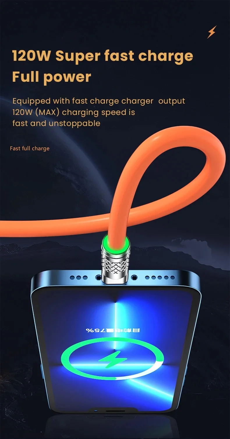 120W 6A 3 in 1 Fast Charging Type C Cable Micro USB for iPhone Charging Cable For Samsung Huawei Xiaomi Phone Charger USB Cable