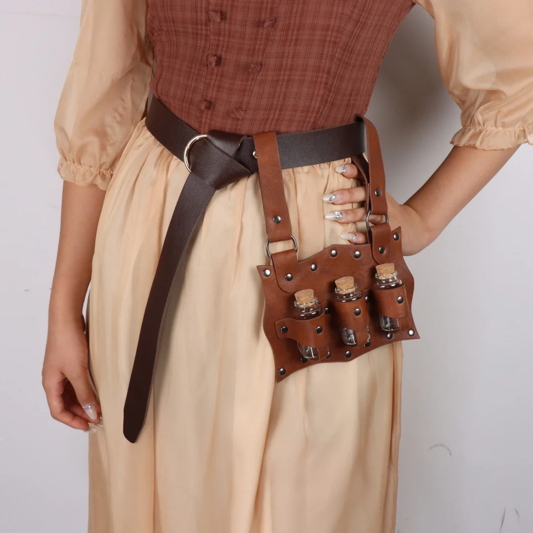 Medieval Cosplay Belt Steam Glass Magic Bottle with Bottle Cover Renaissance Role Play Prop Halloween Retro Dress Belt