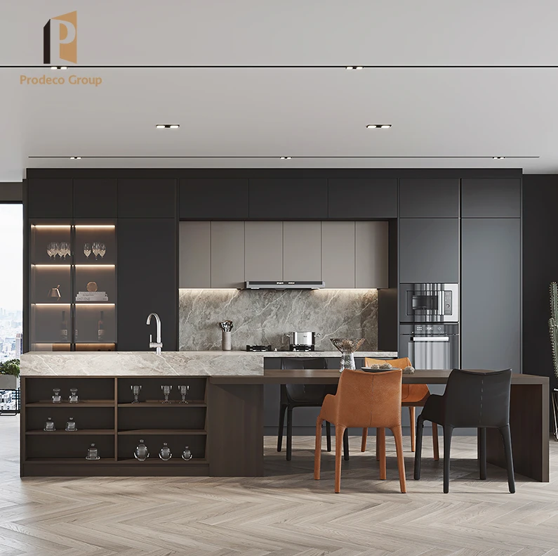Apartment Plywood Lacquer Modern Wood Black Custom High Quality Kitchen Cabinets