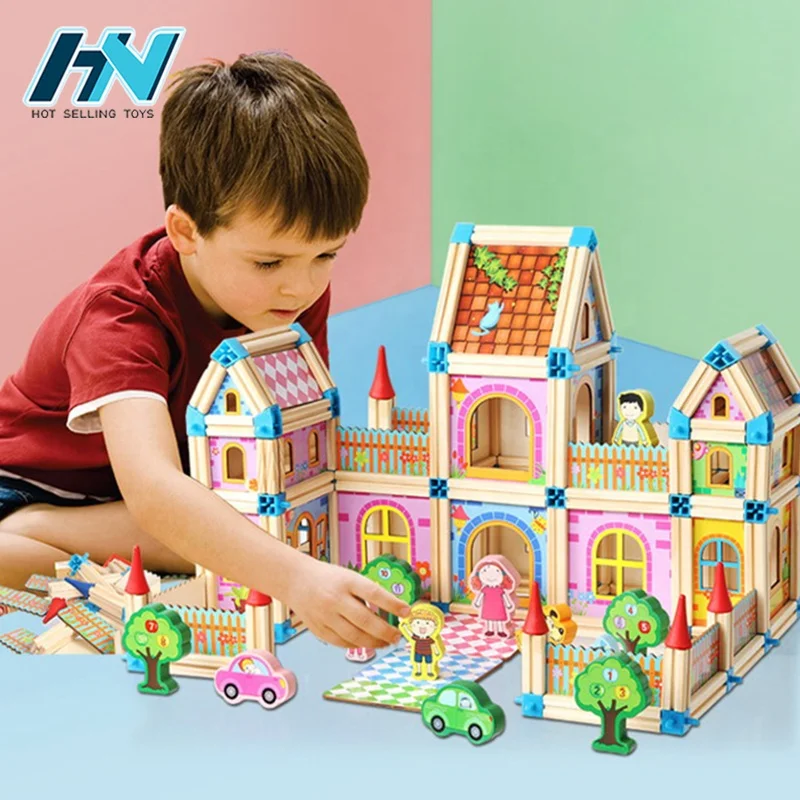 Kids education assembled creative wood model diy house 268pcs wooden toys building blocks