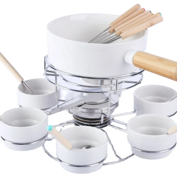 LST Wholesale Ceramic Mini Cheese Fondue Pots Set Swiss Chocolate Fondue Set Price