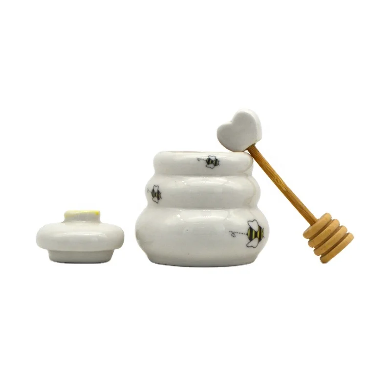 Creative bee jar cute honer container with lid and wooden dipper ceramic mini honey canister