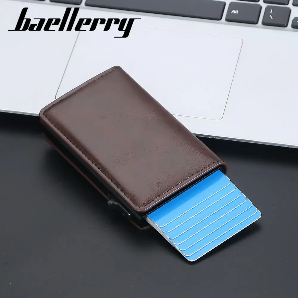 OEM baellerry latest men pop up wallets RFID Blocking Aluminum Automatic Credit Card Holder Case full pu leather pop up wallet