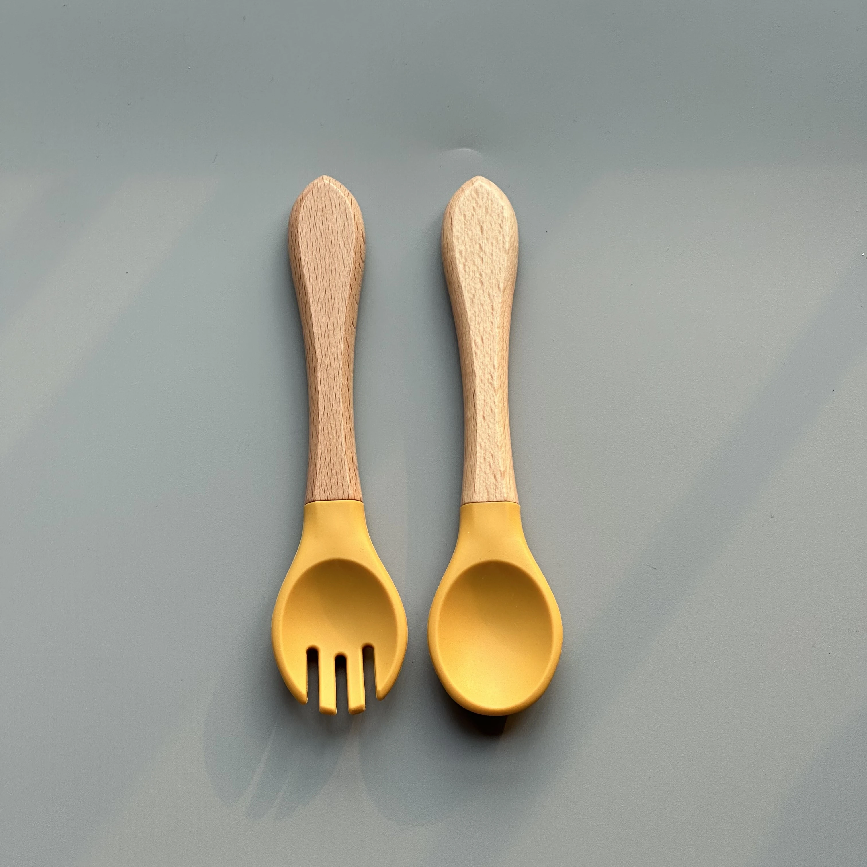 Baby food-grade silicone spoon and fork baby eating spoon children silicone wooden handle spoon tableware
