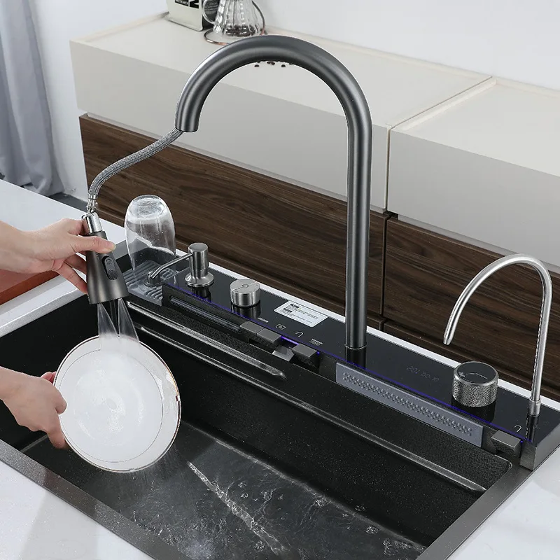 All In One LED Light Stainless Steel 304 Waterfall Rainfall Multifunctional Kitchen Sink