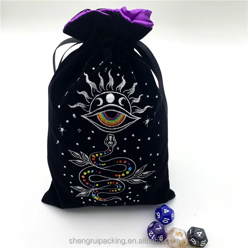 Embroidery Satin Lined Velvet Dice Bag Velvet Drawstring Bag for Runes Tarot