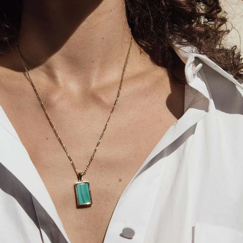 Новая мода ювелирные изделия из нержавеющей стали кольцо 18K позолоченные прямоугольные малахит ожерелье с подвеской