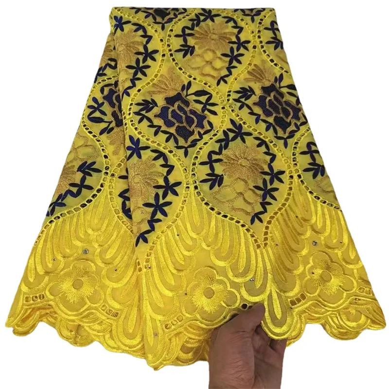 Floral Embroidery Swiss Cotton Lace Fabric African Breathable Nigerian Swiss Cotton Voile Lace Fabrics With Stones For Sewing