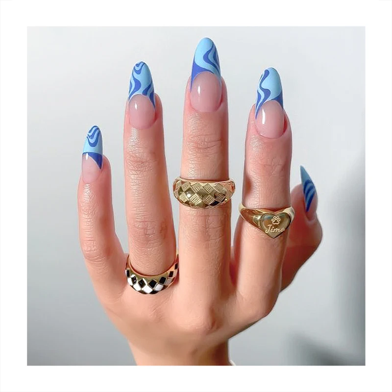 High Quality OEM Private Label Long Almond False Nails Nude Tips Top Paint Blue Mixed Light Blue Pattern Custom Press On Nails