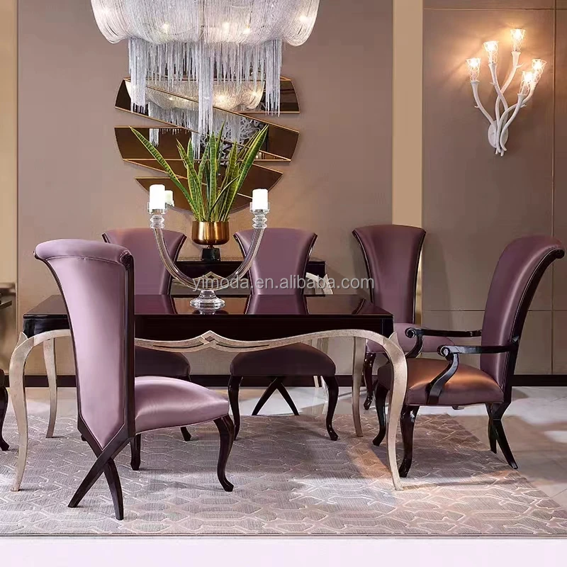 European Antique 8 Seat highback dining chairs Wooden Rotating Rectangle Dining Room Table And Chair Dining Sets