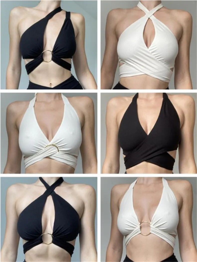 Женский укороченный топ с металлическими кольцами и лямкой на шее 2022