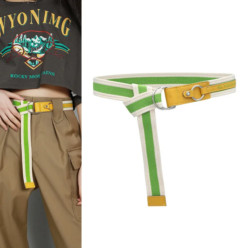 Double D Ring Buckle Letter Logo Printed  Cotton Fabric Canvas Web Youth Belt Fashionable Leisure Outdoor Student Belt for Kids