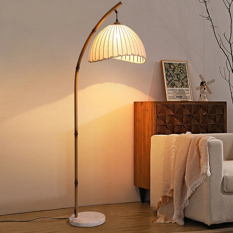 Retro Zen Wabi Sabi Hotel Corner Decorative Arc Weaving Fabric Lampshade Marble Base Simulated Bamboo Fishing Floor Lamp