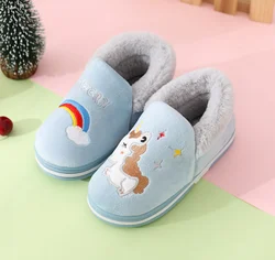 Оптовая продажа, милые дизайнерские пушистые детские тапочки из хлопка с единорогом для девочек