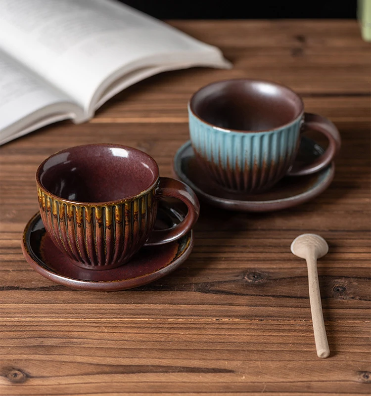 Japanese Retro Handmade Espresso Cup And Saucer Ceramic Set 220ml Striped Coffee Cup With Spoon And Saucer Set