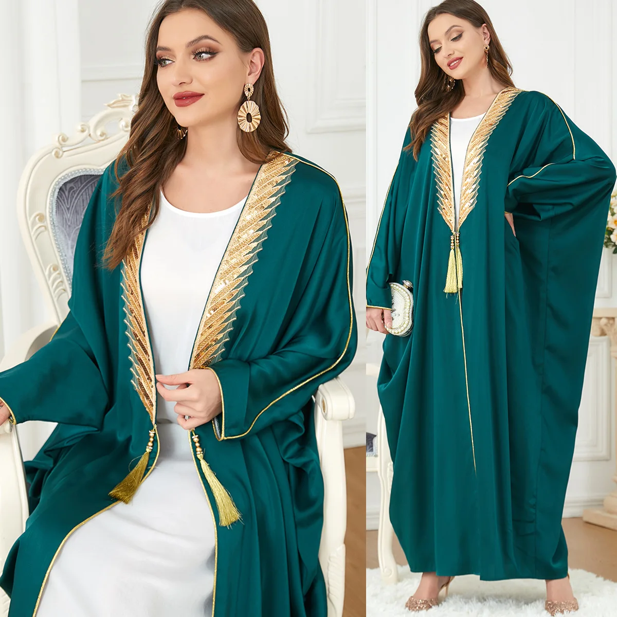 Islamic clothing factory ready-made Middle East Dubai bronzing bat sleeve vest outer dress 2 pieces abaya Muslim dress wholesale