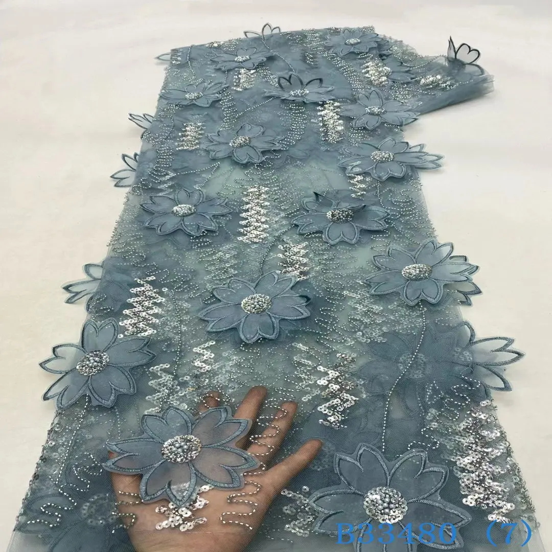 High Quality Premium Lace Fabric 3D Flower Lace with Beads and Pearls Mesh 3D Lace with High End embellishments