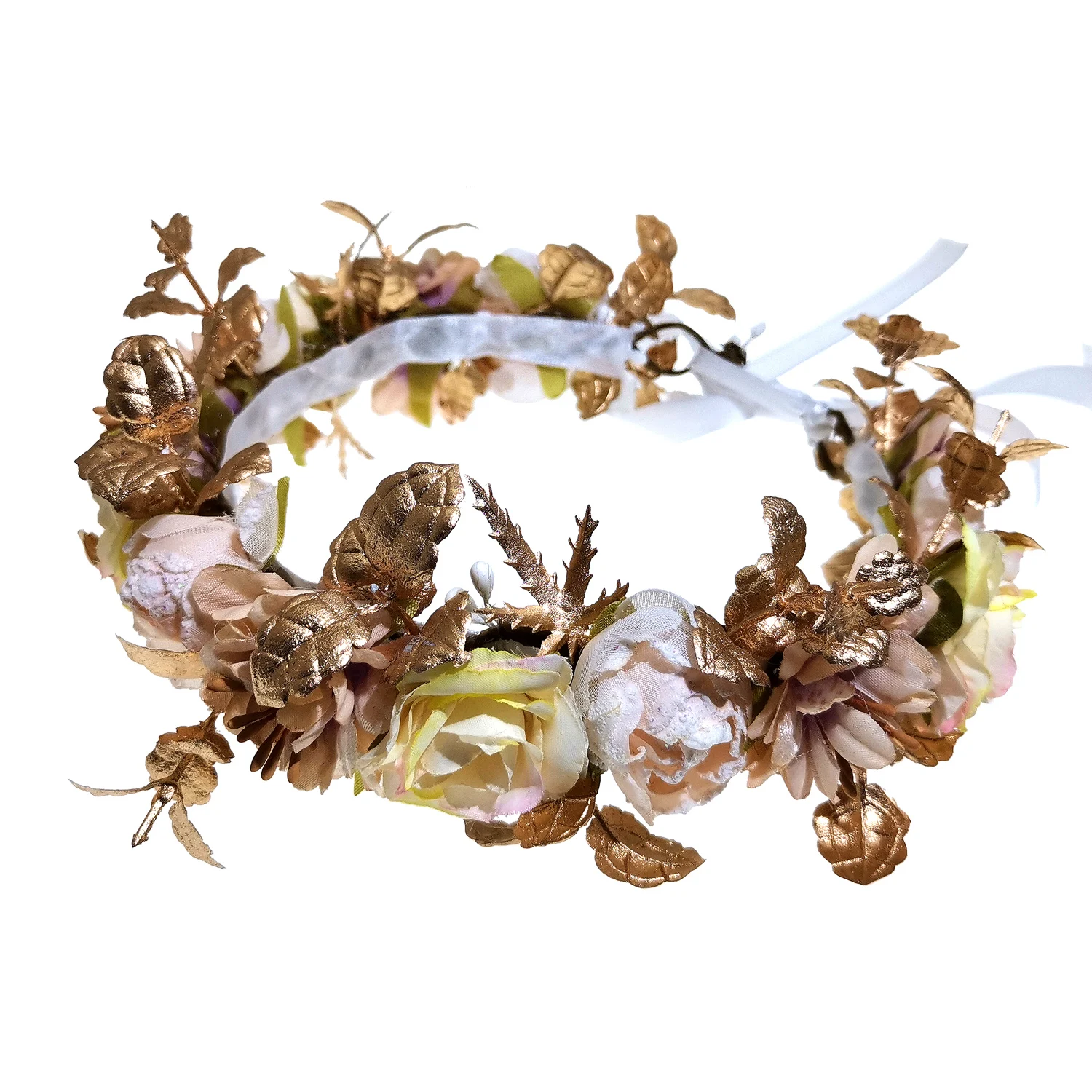 Women Girls Boho Rose Floral Crown Wreath Wedding Flower Headband Photo Pro Gold Flower Crown Simulation Flower Hair Accessories