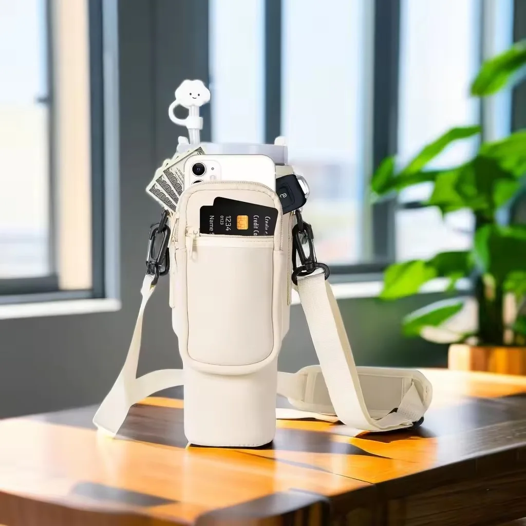 Water Bottle Carrier Bag with Phone Pocket for Tumbler Stanley Cup 40oz Neoprene Water Bottle Holder with Adjustable Strap