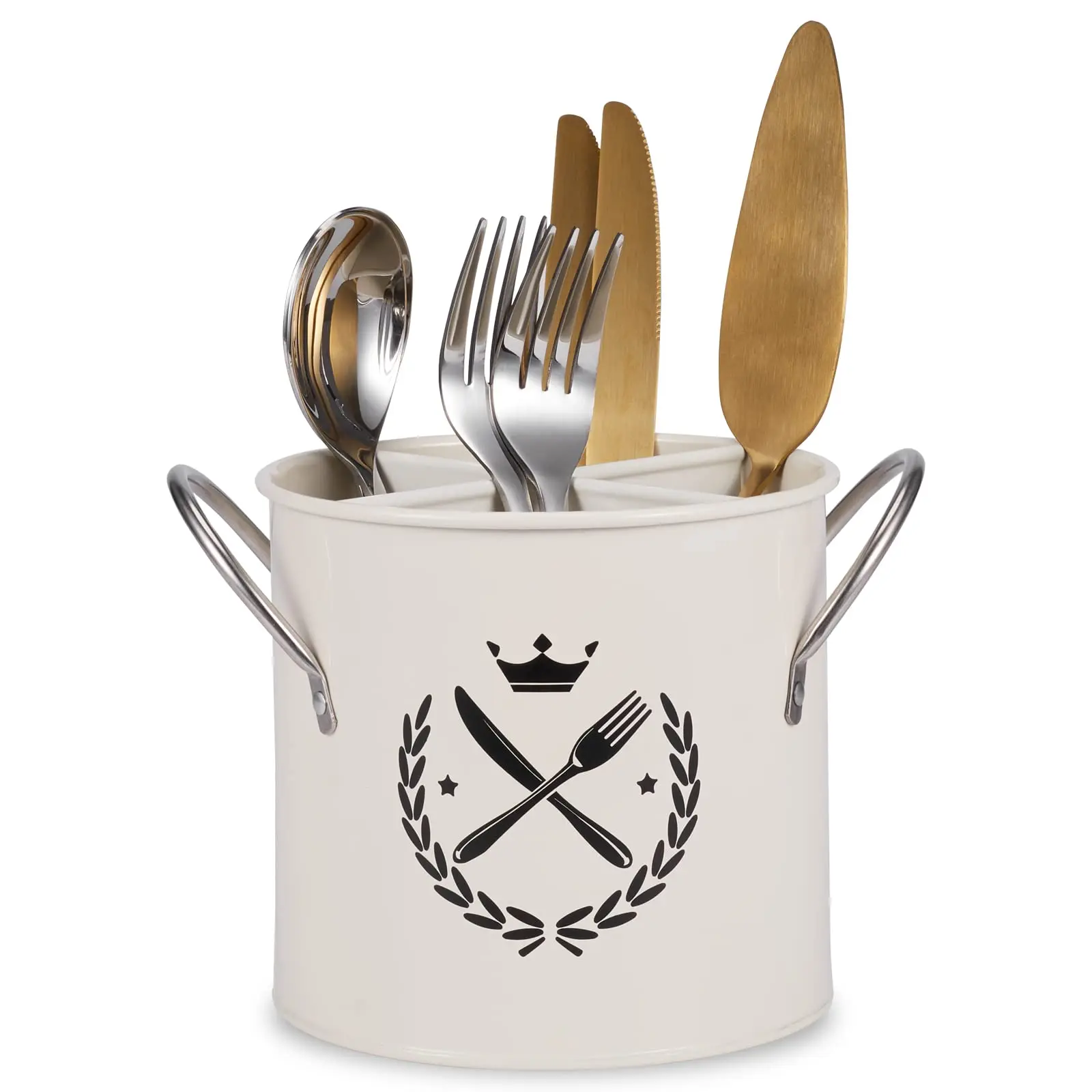 Large Cooking Tableware Crock with Handle & Removable Divider Cutlery Caddy Storage Bucket Utensil Crocks Kitchen Utensil Holder