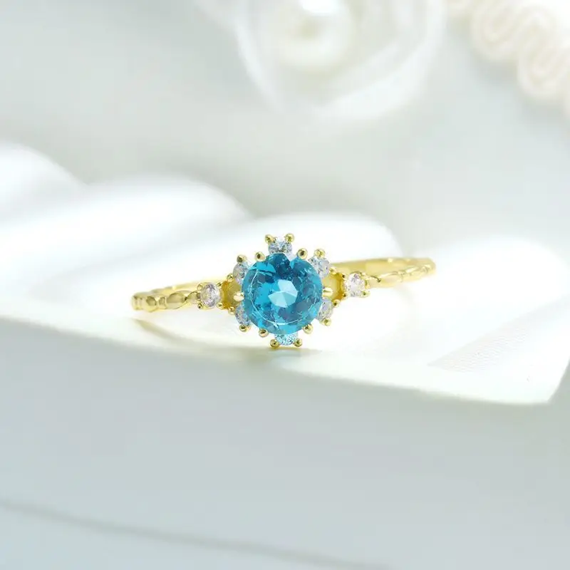 Gold Plating Sterling Silver Blue Zircon Flower Ring Snowflakes Sapphire Ring Finger Rings For Girls Women wedding Jewelry