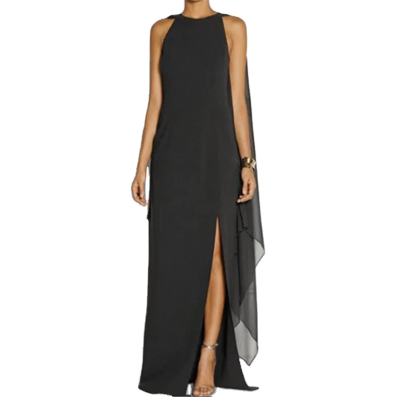 
Cape Sleeve High Slit Plain Chiffon Maxi Dress 