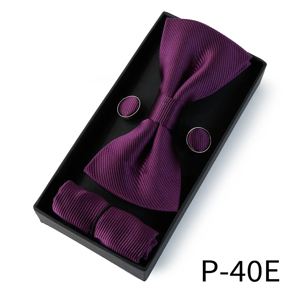2024 low price Classic business wedding groom black solid color cufflinks pocket square  bow tie set for men gift box