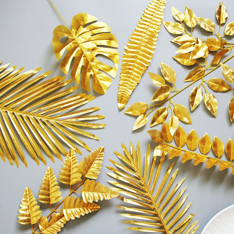 YOPIN-1041 Wholesale Artificial Palm Tree Leaves Plastic Gold Palm Leaf For Indoor Decoration