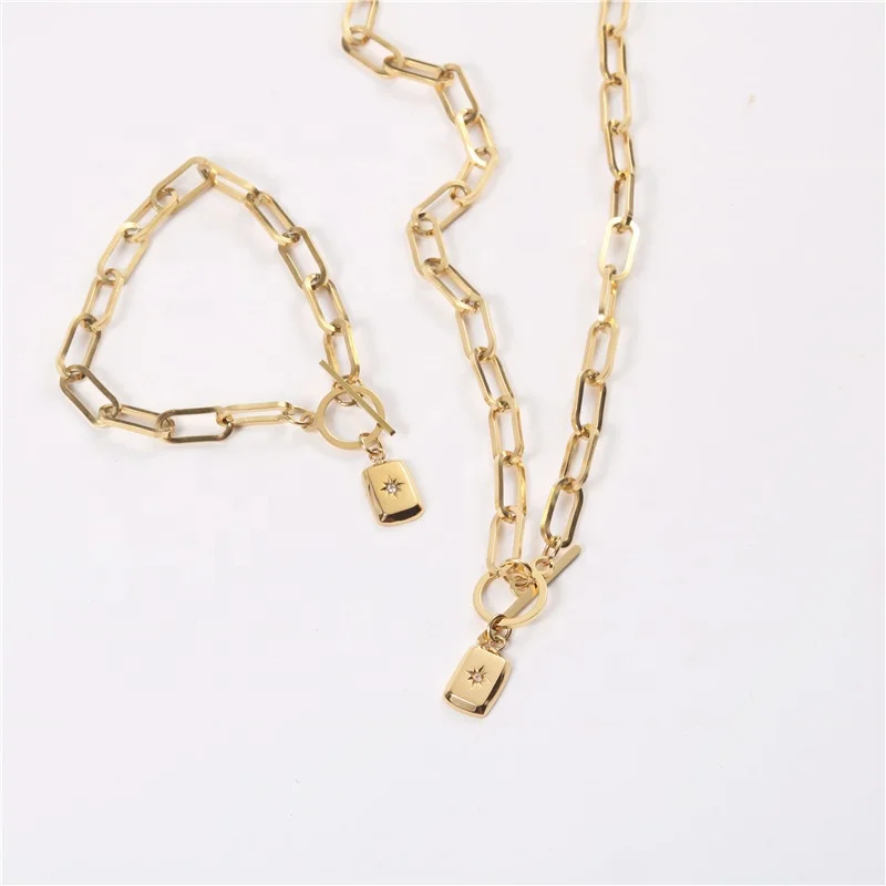 Stainless Steel Bar Circle Eight Pointed Star Bracelet Necklace Square Medallion Paper Clip Chain Necklaces Women Jewelry Set