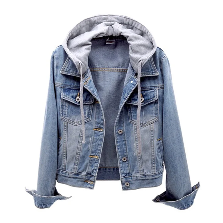 Spring and Autumn Short Coat Korean All-match Hooded Blue Denim Jacket Jean Jacket for Women