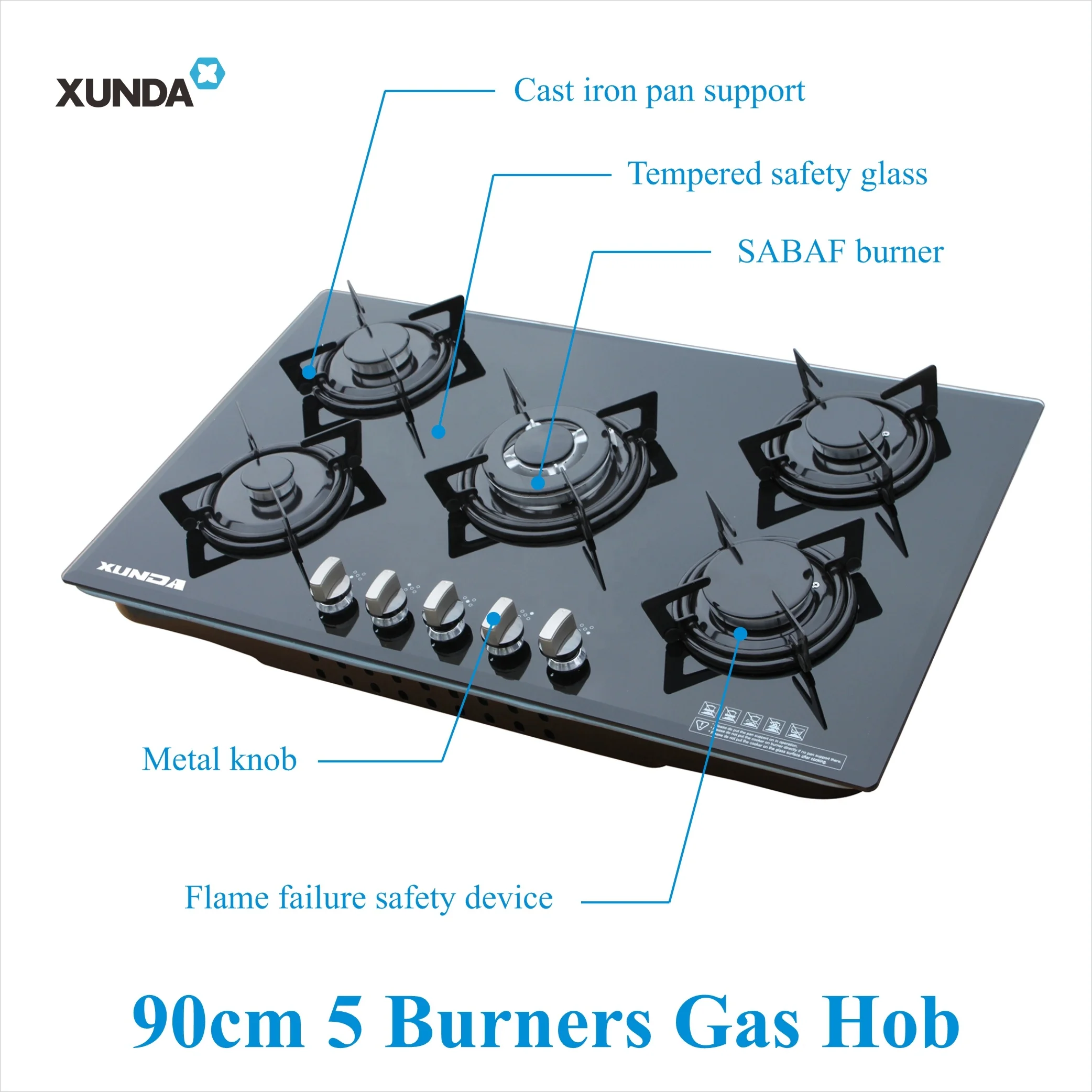 Xunda All Black Tempered Glass 5 Burners Gas Cooktops Built-In Gas Stove Glass Top Hob