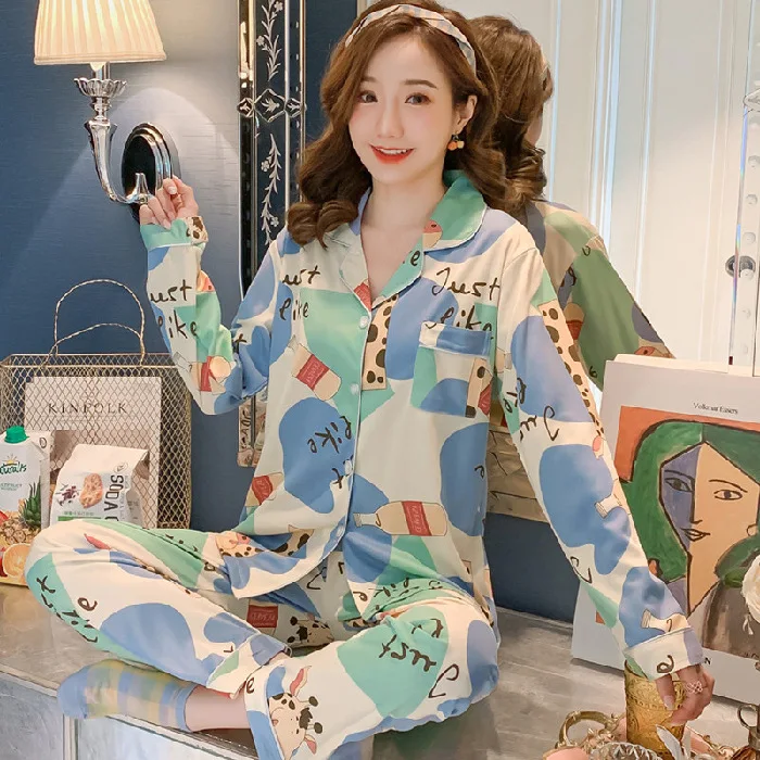 
Fashion Wholesale Clothes Long Sleeve Milk Silk Night Clothes Two Piece Printed Sleepwear Cute Homewear Pyjamas Women Winter 