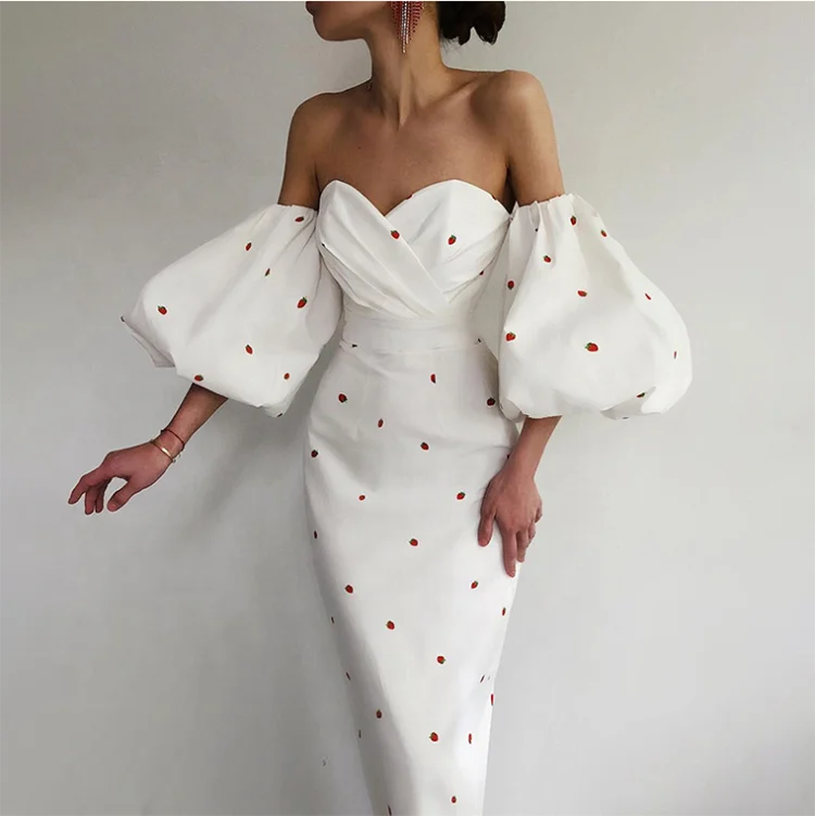 Wholesale Short Puff Sleeve Strapless Backless Strawberry Printed Maxi Dress Pleated Sexy Bodycon Long Women Pencil Dresses
