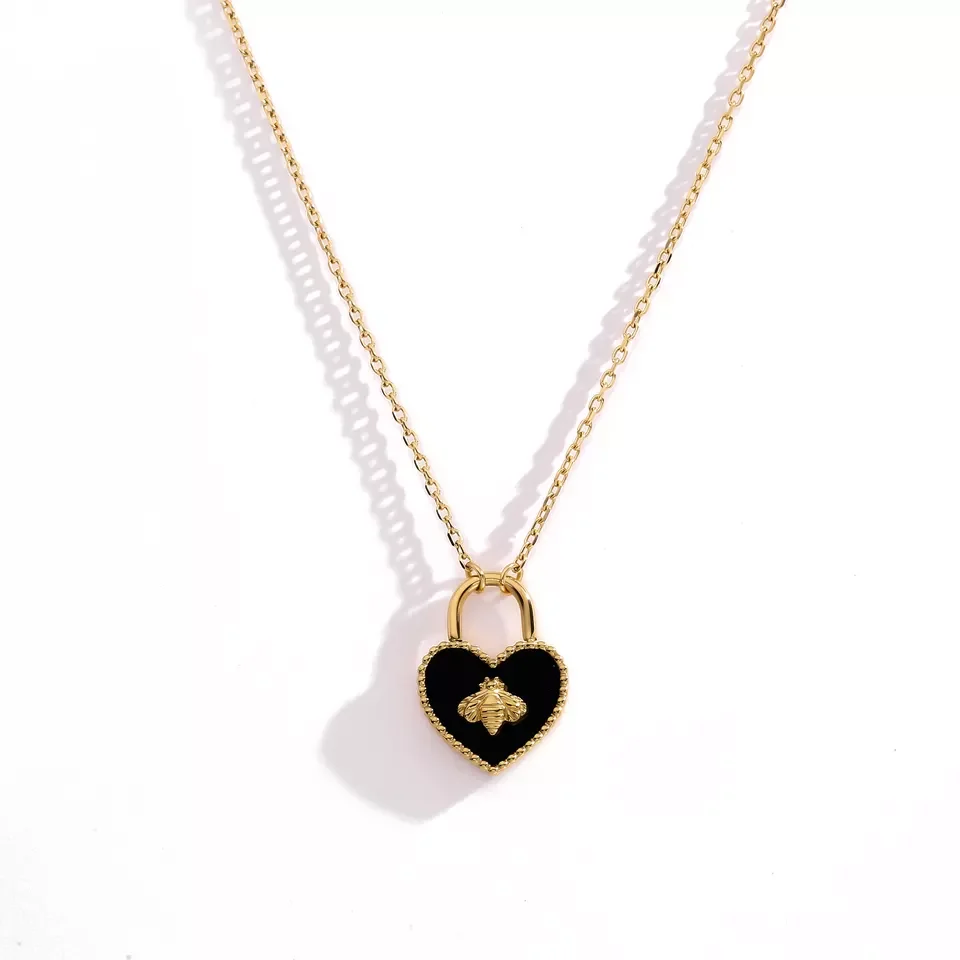 18K Gold Plated Stainless Steel Chain Black Heart Lock with Bee Pendant Necklace For Women Fashion Necklace Jewelry