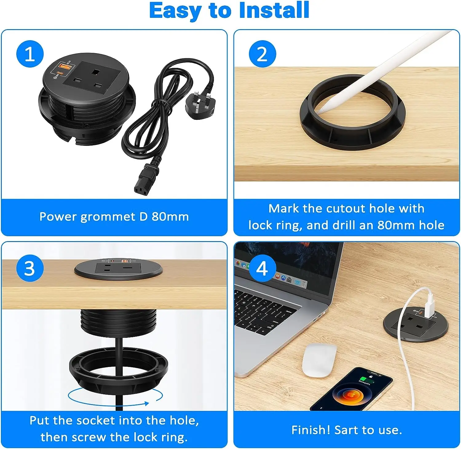 Smart 80mm UK plug recessed mounted smart round grommet socket for desk with 1AC power outlet 20W USB-C fast charger
